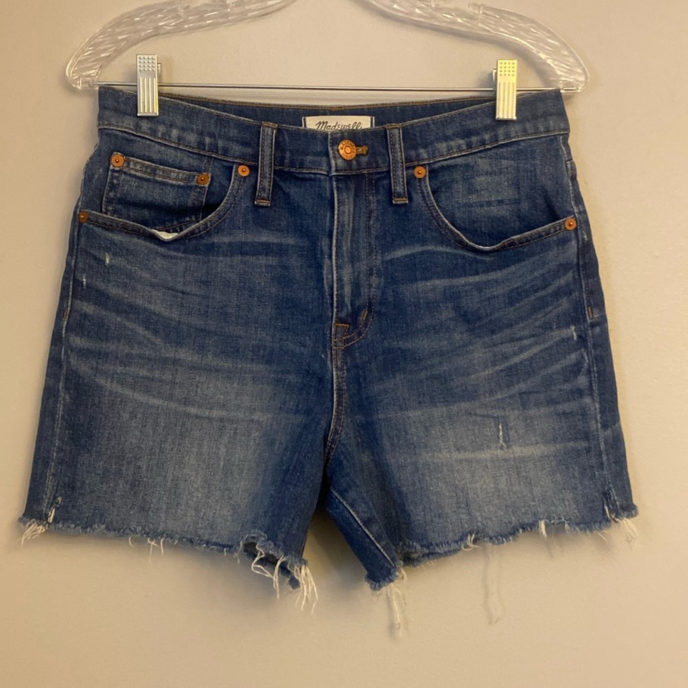 💜 Madewell High Rise Blue Denim Distressed frayed hem Shorts size 28